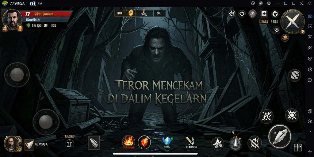 Screenshot gameplay 77SINGA menampilkan suasana mencekam dan kegelapan.