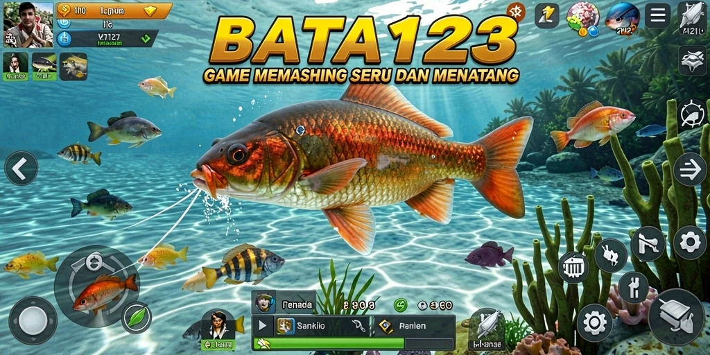 Screenshot gameplay BATA123 menampilkan aksi seru memancing di alam.