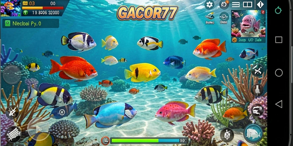 Tampilan gameplay seru dalam GACOR77 dengan berbagai ikan untuk ditembak.