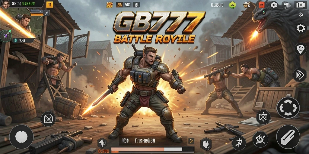 Screenshot utama GB777 menampilkan pertempuran intens dalam mode Battle Royale.