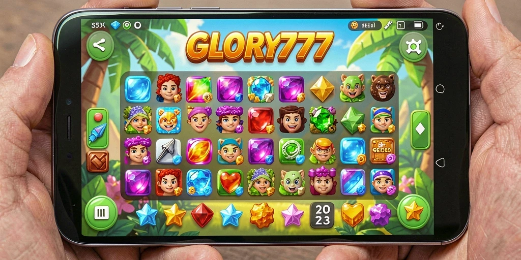 Tangkapan layar dari gameplay <strong>GLORY777</strong> yang menampilkan keseruan mencocokkan permata.