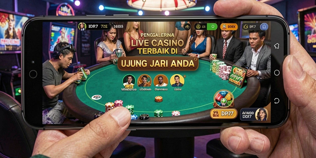 Tampilan gameplay IDR77 dengan dealer langsung dan berbagai permainan kasino.