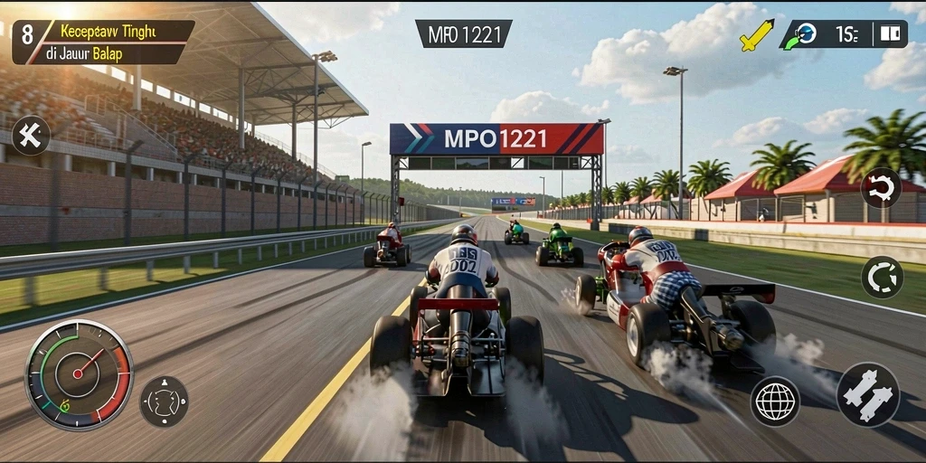 Screenshot MPO1221 menampilkan intensitas balapan yang mendebarkan.