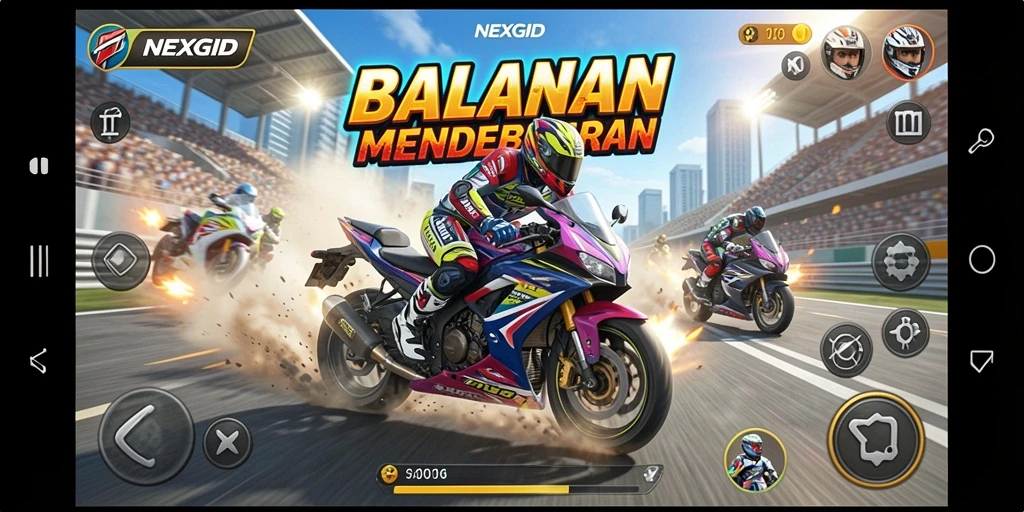 Gameplay NEXGID yang mendebarkan dengan aksi balapan motor yang intens.