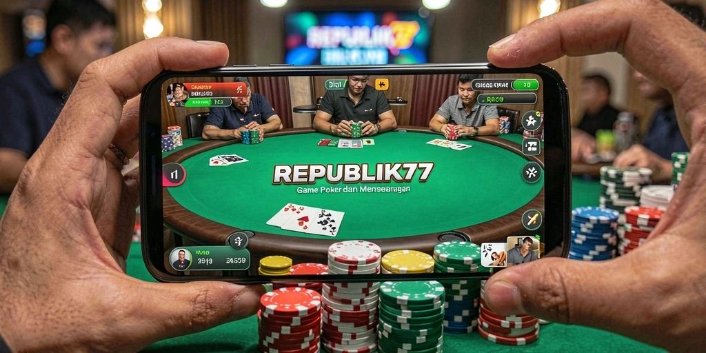 Screenshot utama REPUBLIK77 menunjukkan gameplay poker yang mendebarkan.