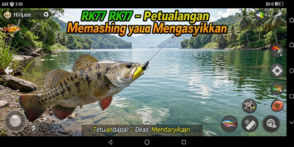 Screenshot utama RK77 menampilkan gameplay memancing yang menakjubkan.